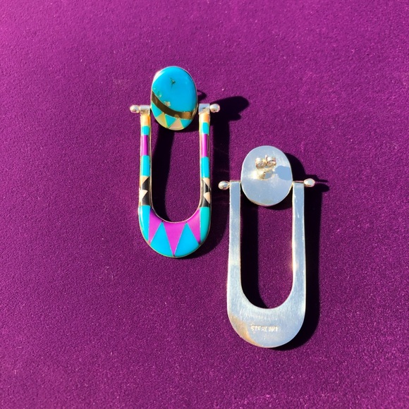 Vintage Native American Zuni - Inlay Earrings in Sterling. - Picture 7 of 8